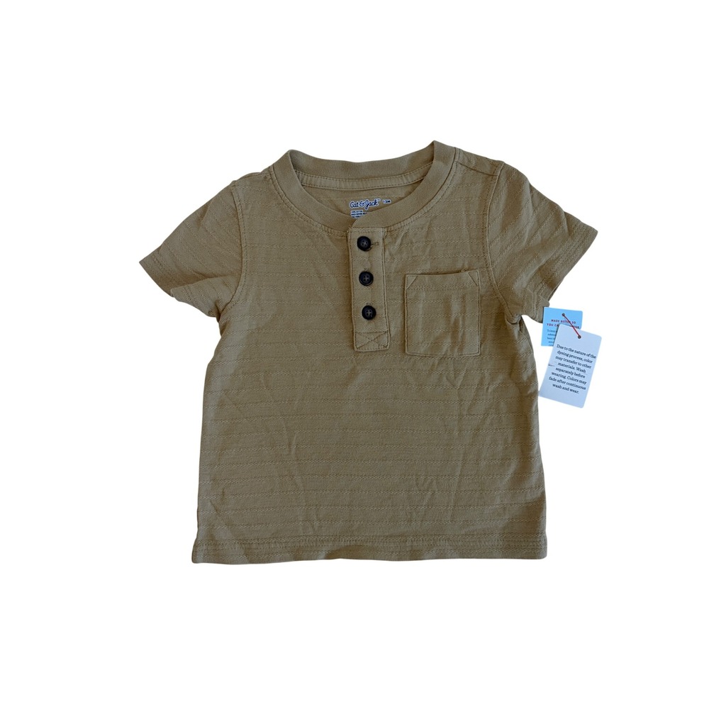 Cat & Jack Boys Tan Textured Stripe Henley Short Sleeve Pocket Shirt 12M NWT
